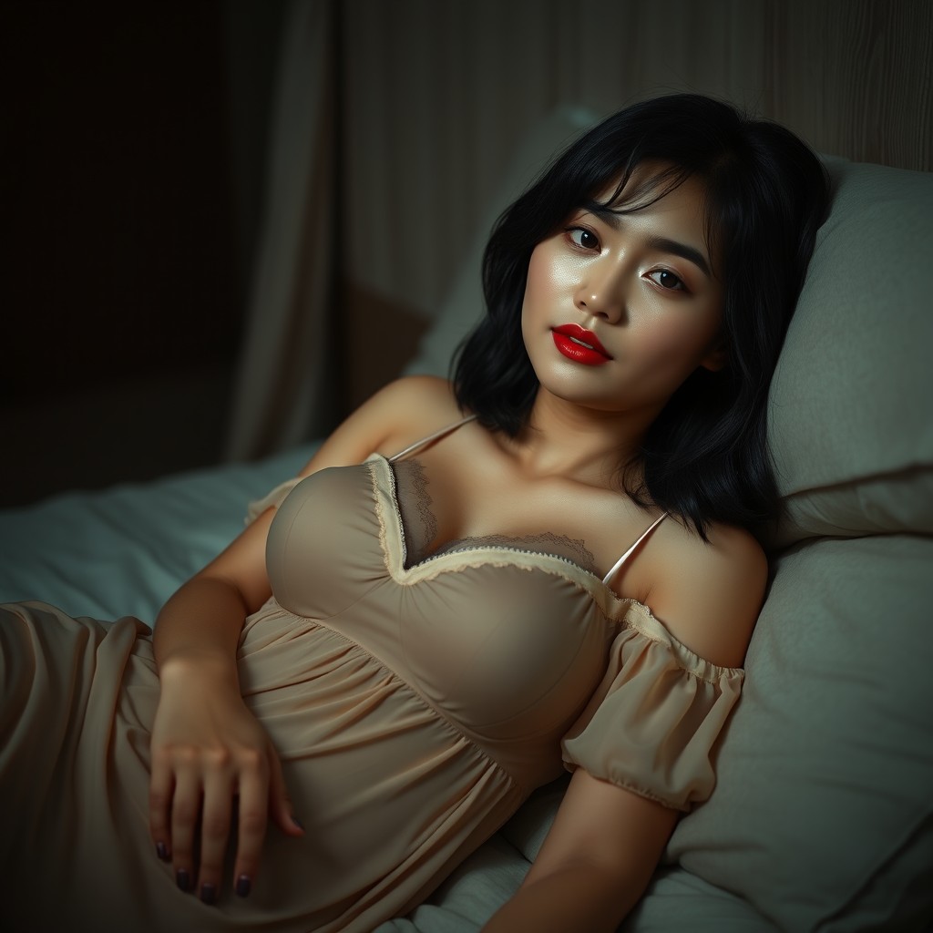 A beautiful 38-year-old Indonesian woman with an ideal body type, featuring a full, plump chest but not overweight