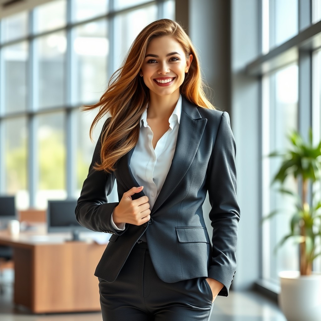 A young woman standing confidently, showcasing her elegant business suit, reminiscent of a classic corporate style