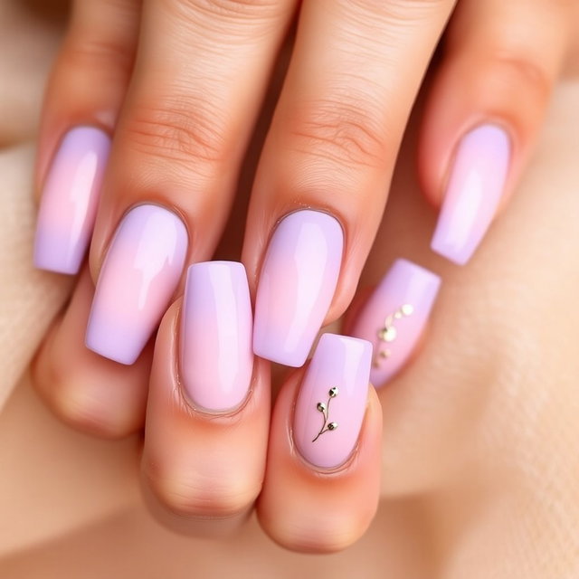 A close-up photo of beautifully manicured ballerina-shaped nails, painted in a glossy gradient of pastel colors, transitioning from soft pink at the base to lavender at the tips