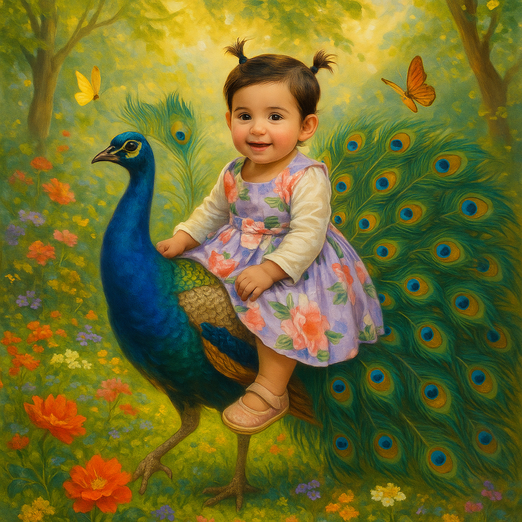 My daughter riding a peacock in the garden