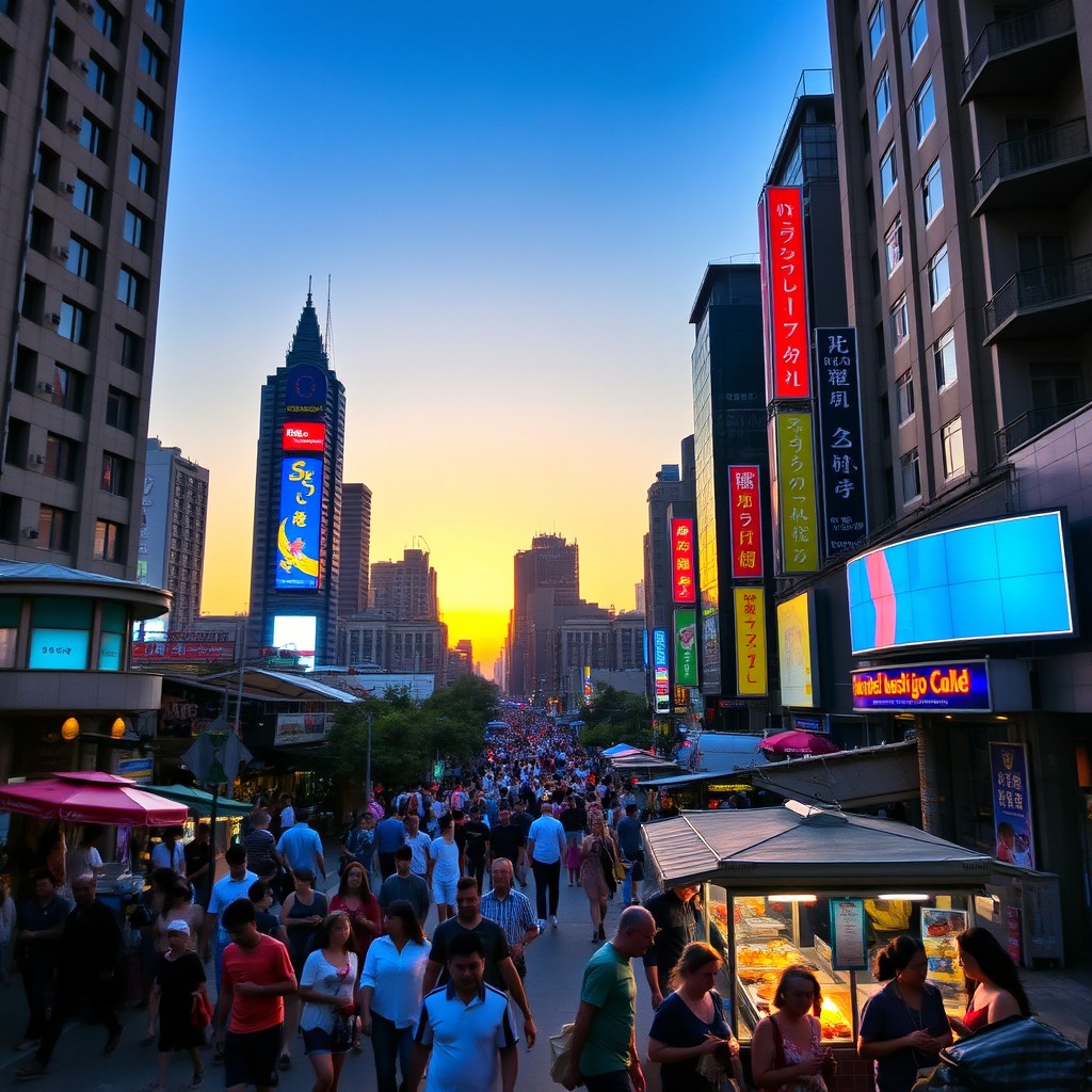 a scenic view of a bustling city street during sunset, with tall buildings and neon signs illuminating the scene, a crowd of diverse people walking around enjoying the evening, street vendors selling food, vibrant atmosphere, clear sky transitioning from orange to deep blue, capturing the essence of urban life