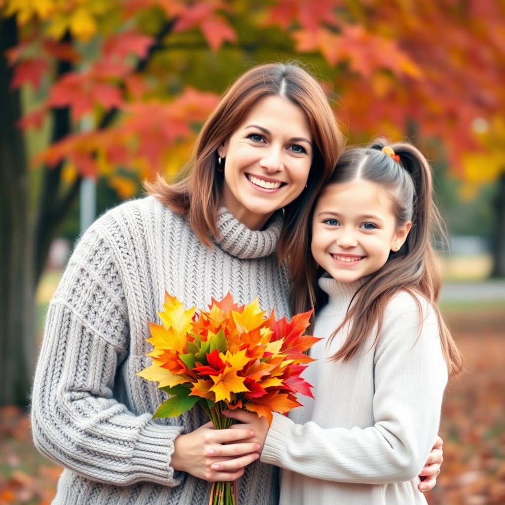 A heartwarming portrait of a mother and daughter standing together in a park during autumn