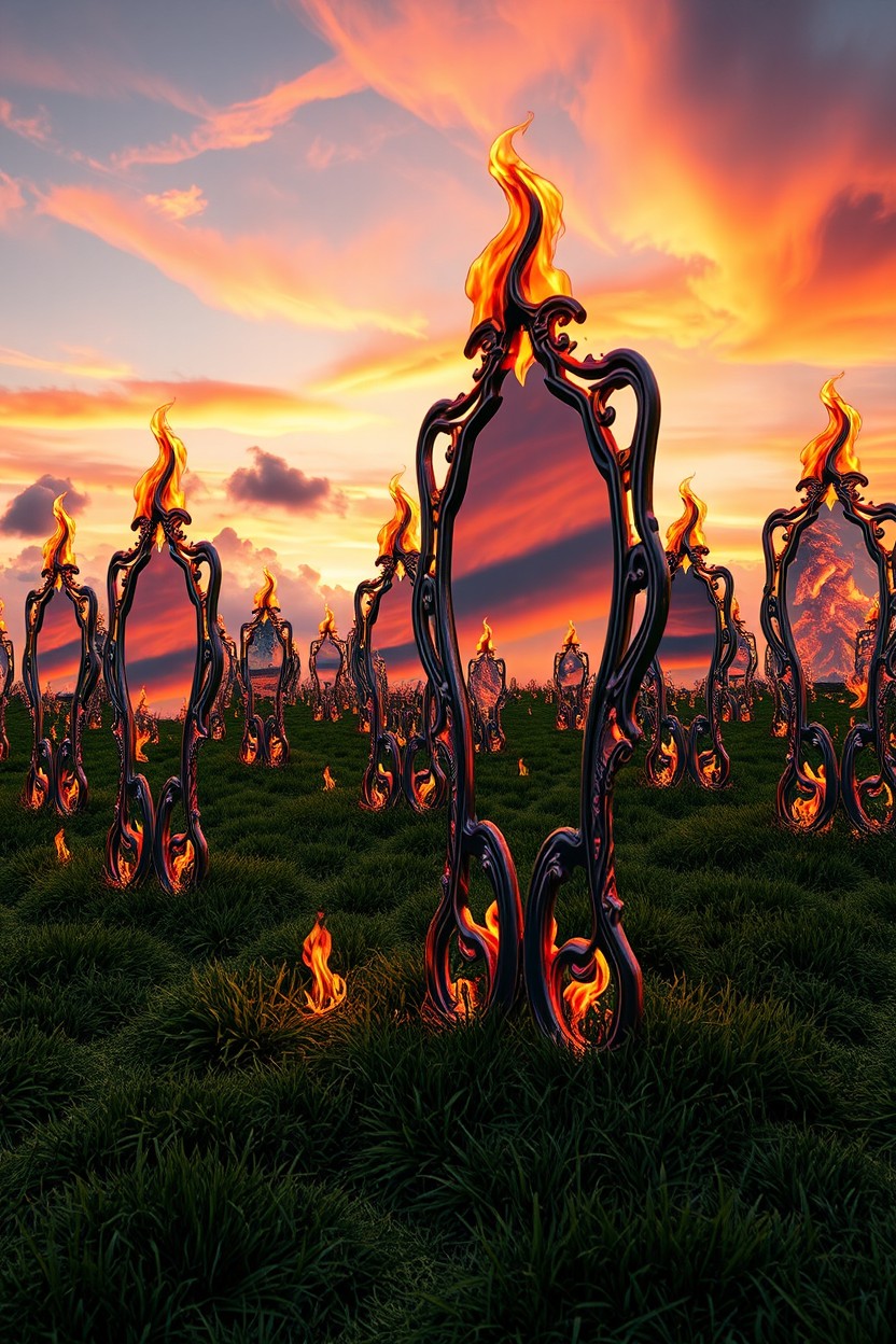 A surreal landscape featuring an array of intricately designed mirrors that appear to be burning with bright, fiery flames