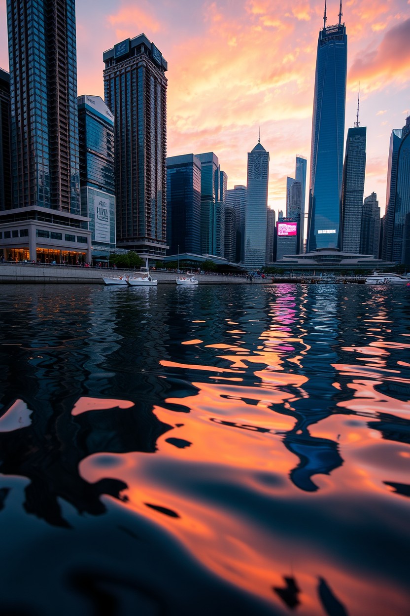 A stunning view of a bustling city skyline reflected and refracted in shimmering water, the tall skyscrapers displaying intricate architectural details, with vibrant colors dancing across the surface