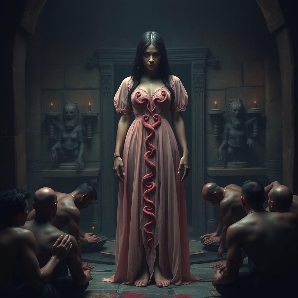 An ancient enchantress goddess shrouded in mystery, standing in a dark, ancient space