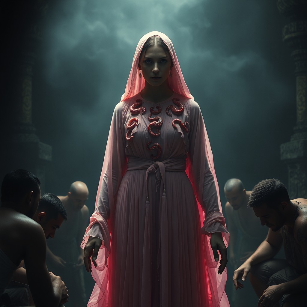A mystical scene featuring an ancient woman wearing a semi-transparent pink dress adorned with intricate designs of very small red snakes located at seven points: her eyes, tongue, heart, uterus, hands, feet, and neck