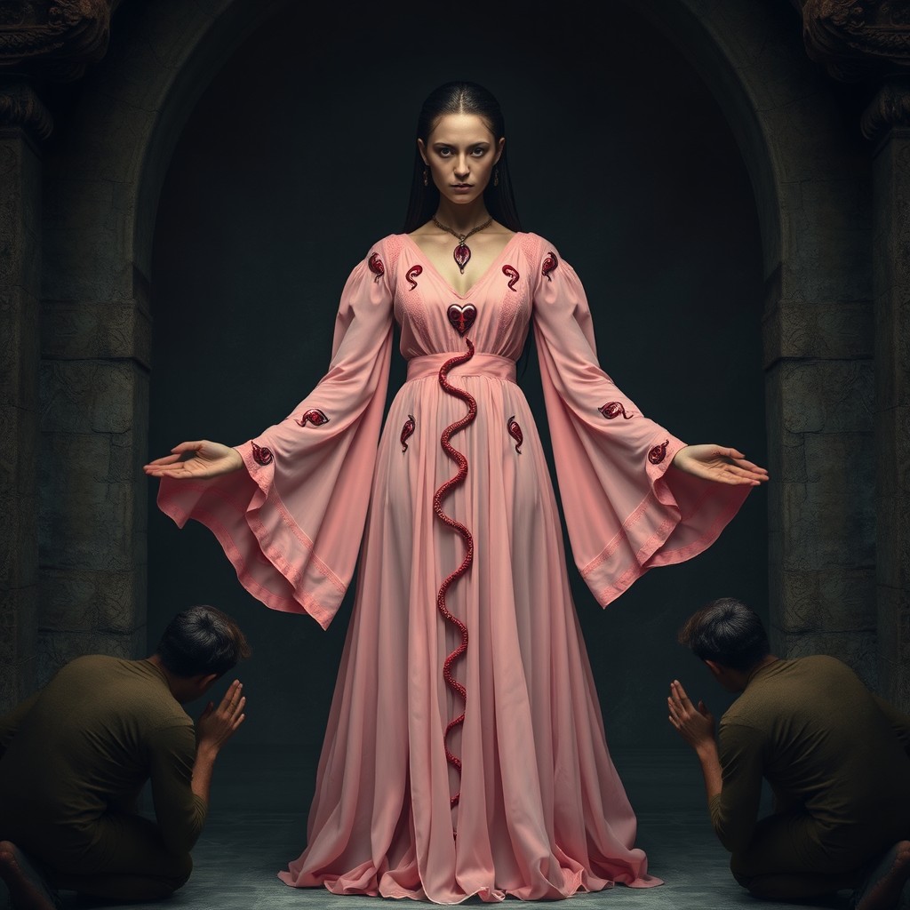 An ancient enchantress goddess wearing a semi-transparent pink dress adorned with small red snake designs on seven specific points: her eyes, tongue, heart, uterus, hands, feet, and neck