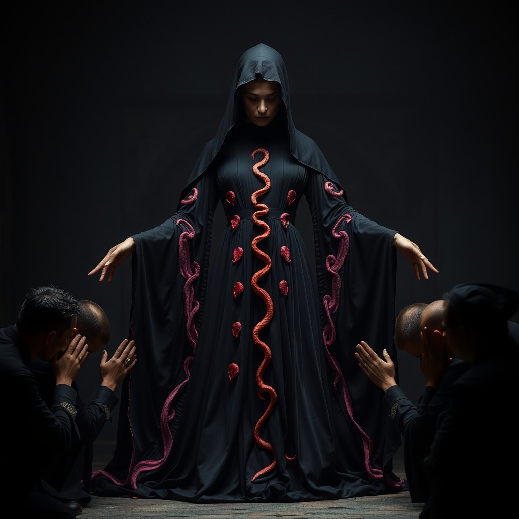 A mysterious and ancient enchantress goddess in a dark, ancient space, wearing a black, very old and ancient dress that flows elegantly
