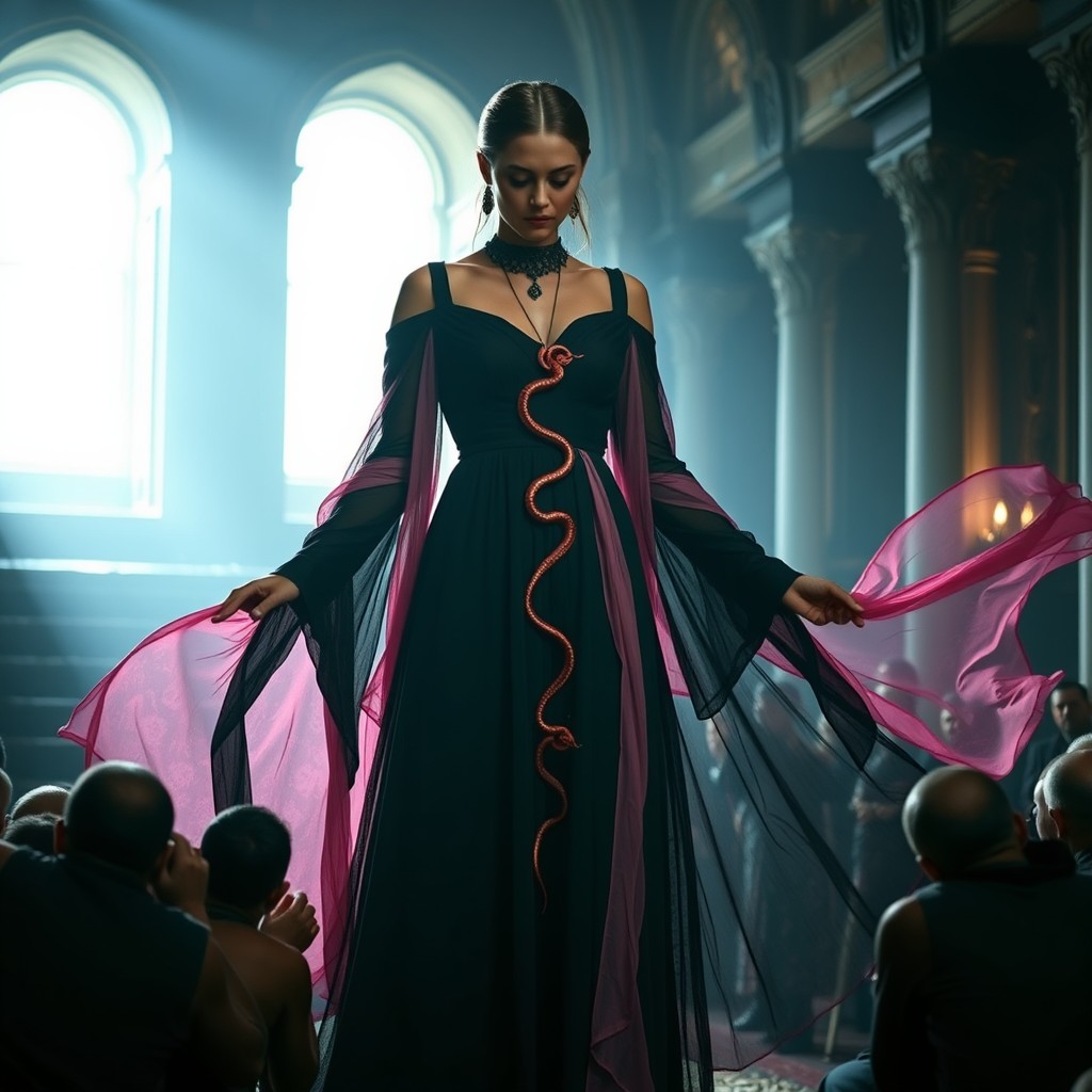 A woman in an ancient, black dress with a flowing, mystical design, set in a dimly lit, ancient space that feels timeless and otherworldly