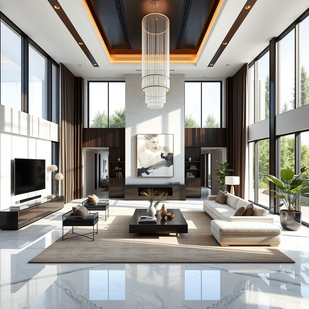A luxurious modern interior design, showcasing a spacious living room with sleek furniture pieces, elegant decor, and sophisticated color palettes
