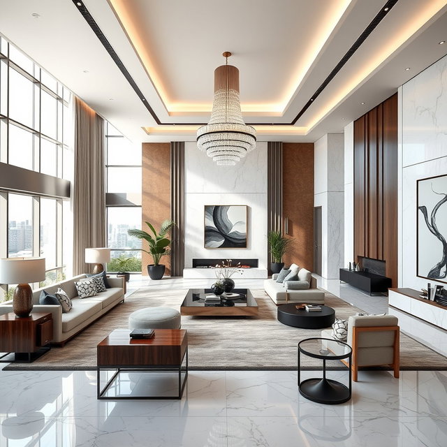 A luxurious modern interior design, showcasing a spacious living room with sleek furniture pieces, elegant decor, and sophisticated color palettes