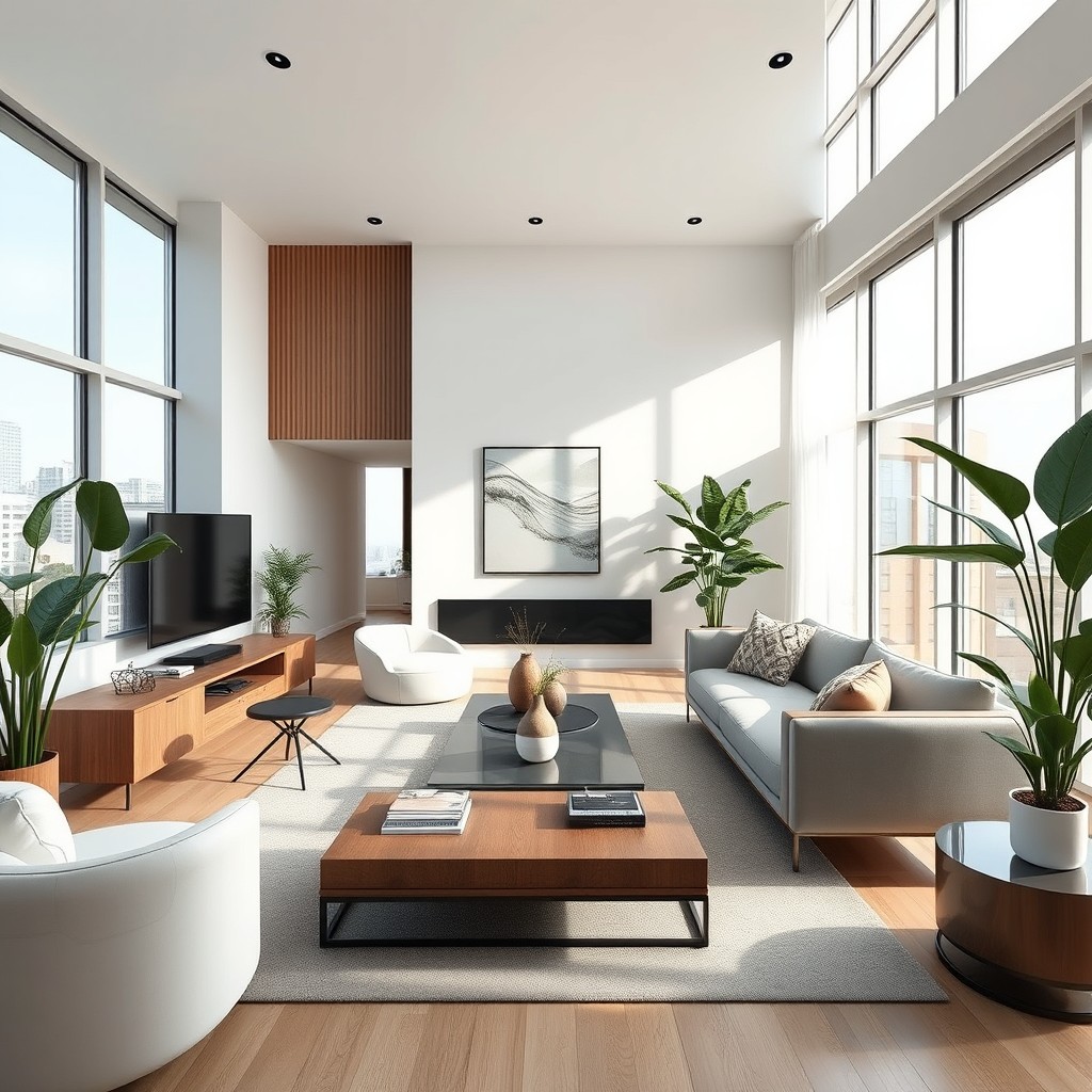 A modern interior design featuring a chic living room with minimalist aesthetics