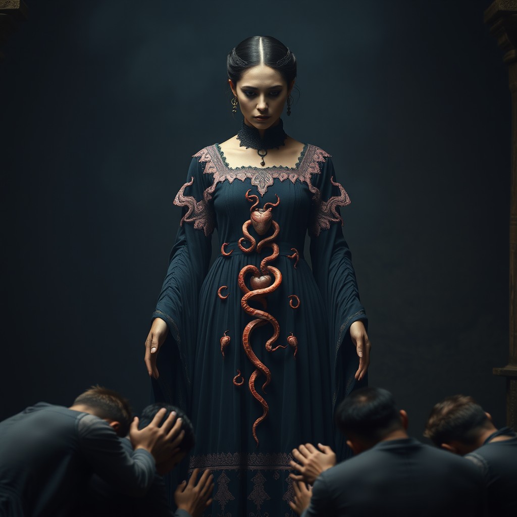 A captivating image of an ancient enchantress goddess, portrayed as a woman in a very ancient black dress, standing in a dark, ethereal space