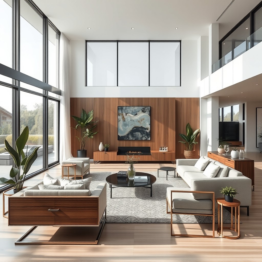 A modern interior design featuring a sleek and stylish living room that embodies contemporary aesthetics