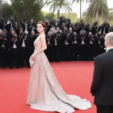 In the cinema, the actor was appareled in a glamorous gown for the red carpet event.