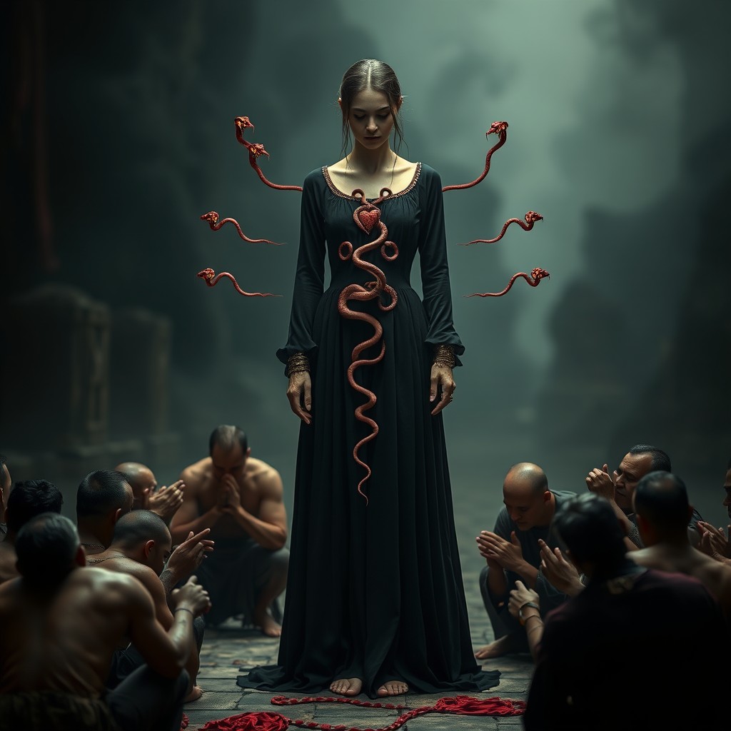 A mystical scene featuring a woman in an ancient, flowing black dress, standing in a dark, ethereal space
