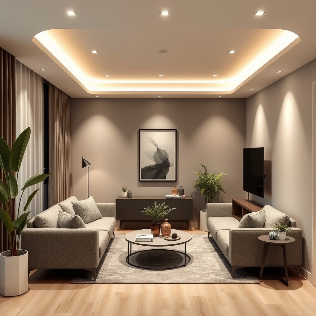 A modern interior design focusing on a cozy living space with a low ceiling