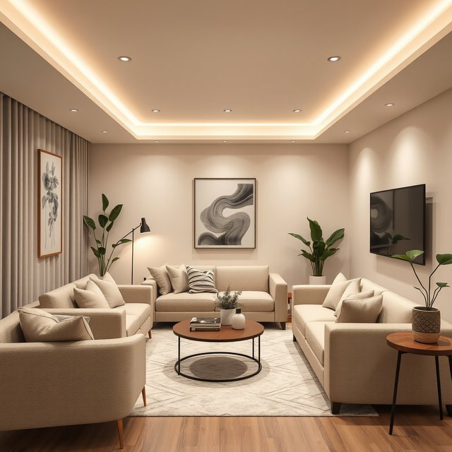 A modern interior design focusing on a cozy living space with a low ceiling