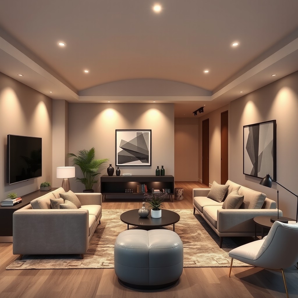 A modern interior design featuring a stylish living room with a low ceiling