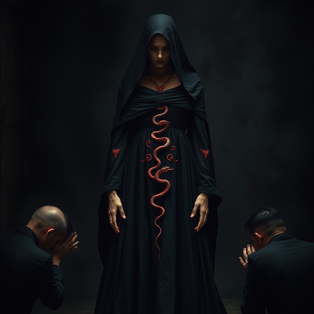 A mysterious ancient enchantress woman draped in a flowing black dress with a vintage design, set against a dark, timeless space