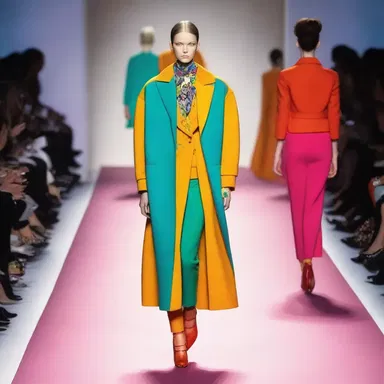 The fashion designer's use of bold colors enhances the apparency of the garments on the runway.