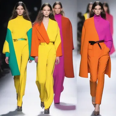 The fashion designer's use of bold colors enhances the apparency of the garments on the runway.