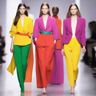 The fashion designer's use of bold colors enhances the apparency of the garments on the runway.