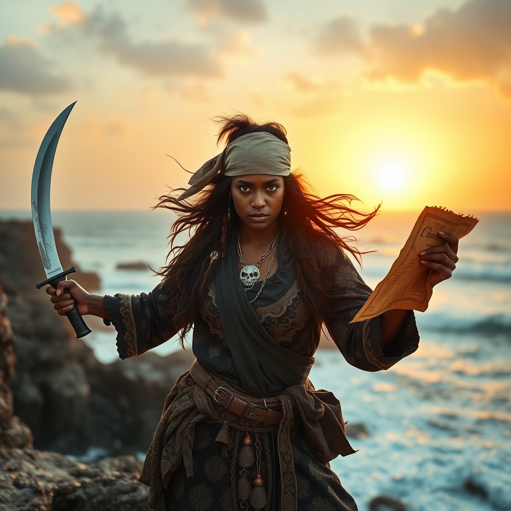 A fierce Somali pirate woman, standing confidently on a rugged coastline with the sea crashing in the background