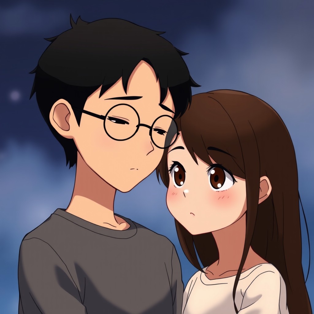 Two characters in Studio Ghibli style standing close together in an intimate manner