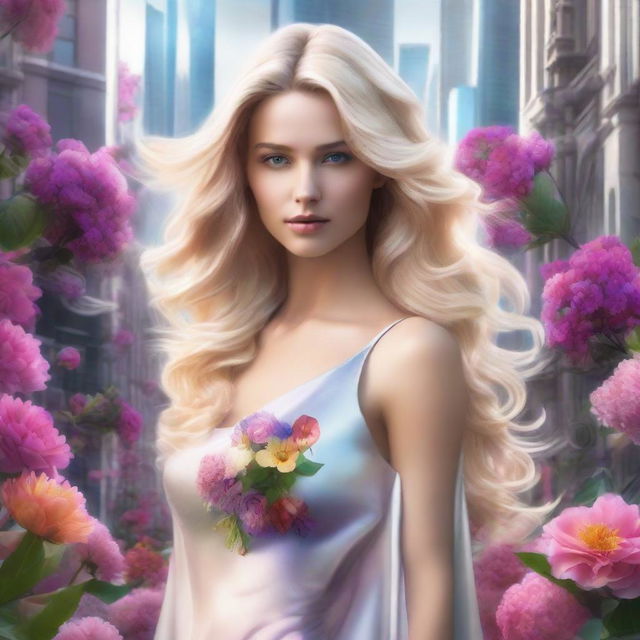 Photorealistic image of a stunning blonde woman with flowy hair in luxurious attire, located in a futuristic city scape adorned with an abundance of vibrant flowers.