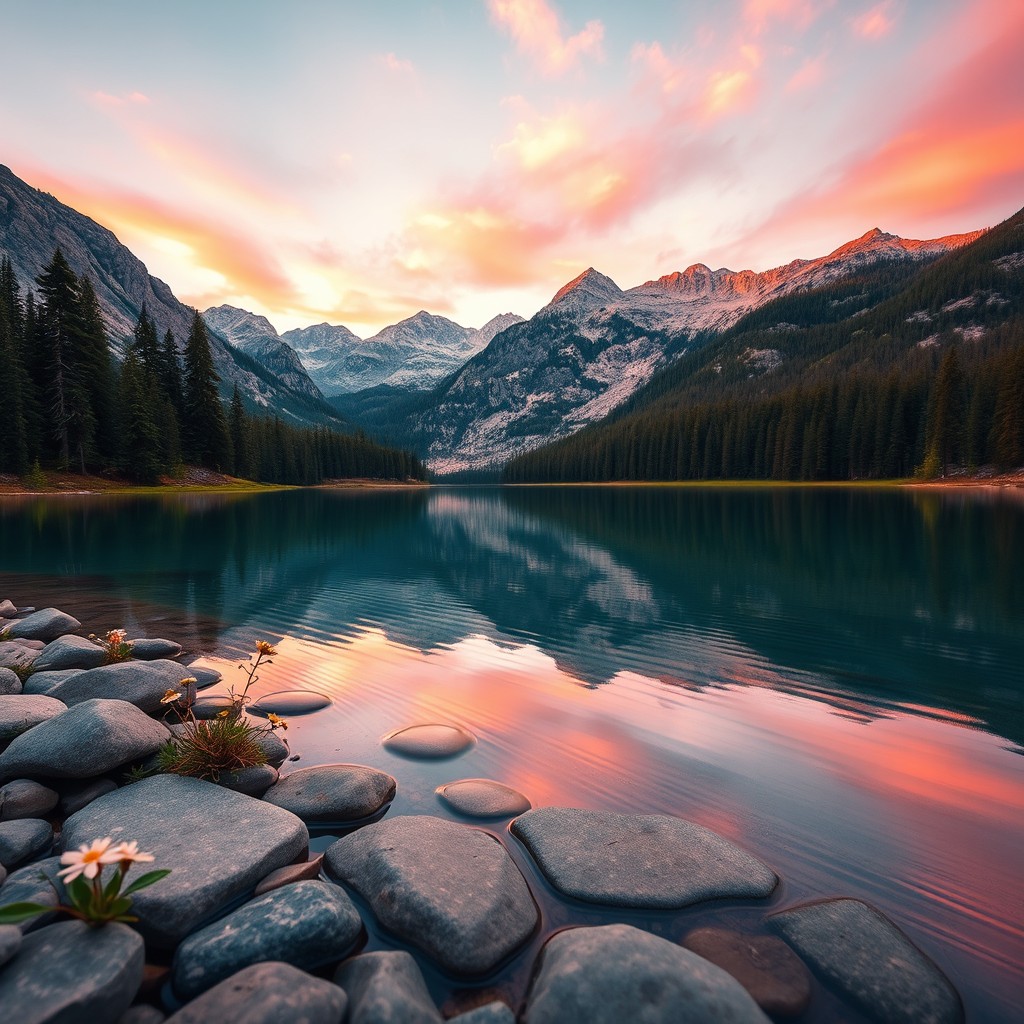 A close-up shot of a crystal-clear mountain lake reflecting the surrounding pine forest and majestic mountains during golden hour, with vibrant colors and an idyllic atmosphere