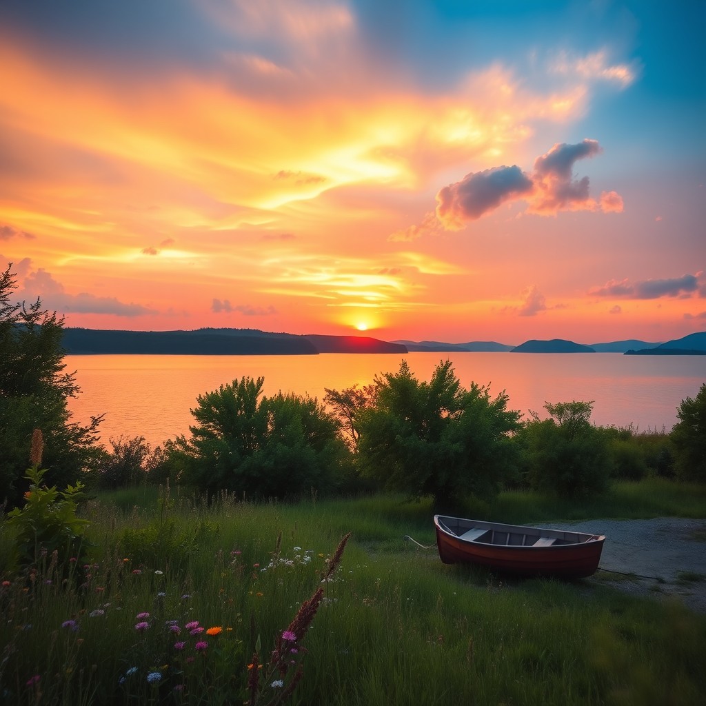 A serene landscape featuring a stunning sunset over a tranquil lake, with vibrant hues of orange, pink, and purple reflecting on the water