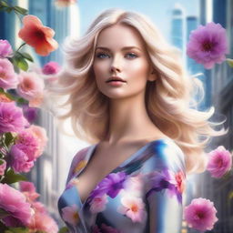 Photorealistic image of a stunning blonde woman with flowy hair in luxurious attire, located in a futuristic city scape adorned with an abundance of vibrant flowers.