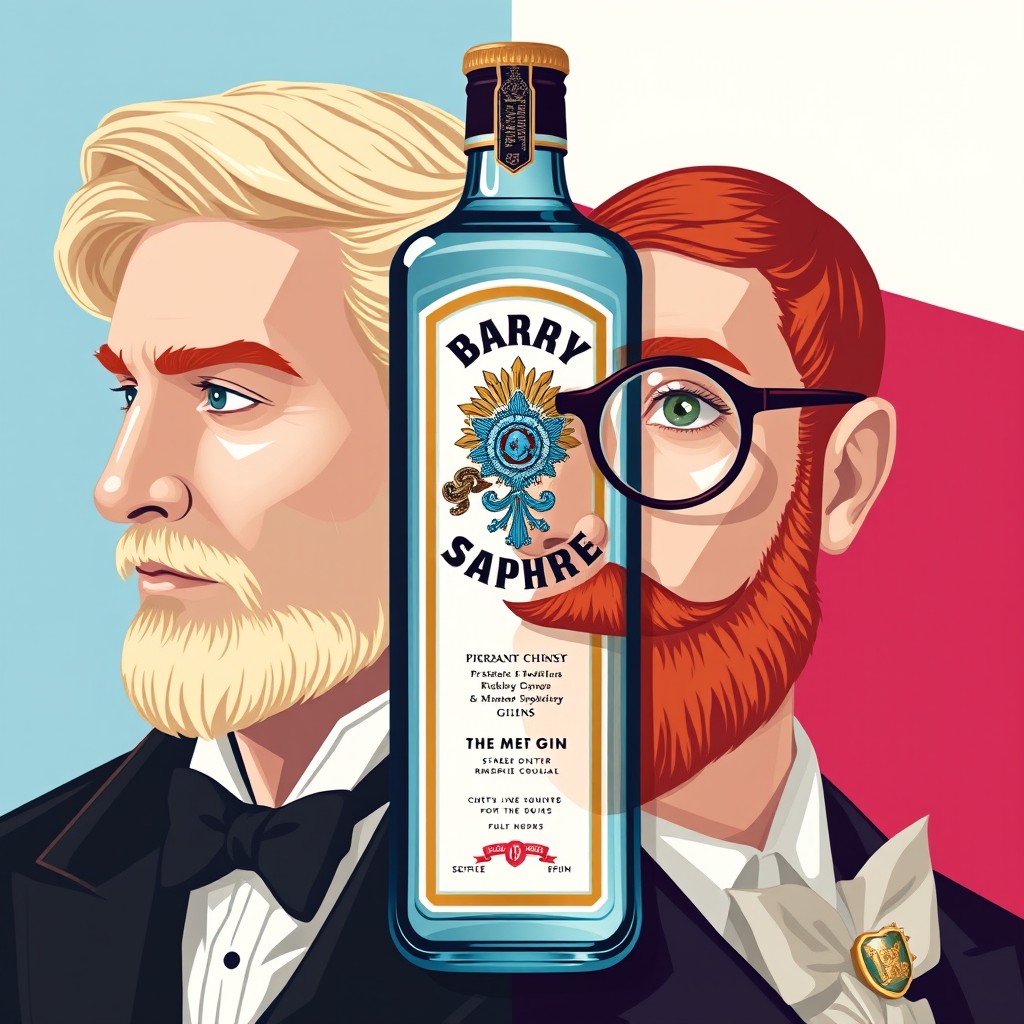 A stylized half-face portrait inspired by the Bombay Sapphire gin bottle, seamlessly merging two distinct halves into one harmonious image