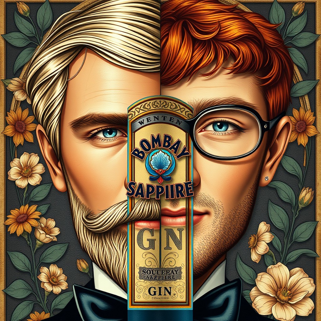 A highly detailed, stylized half-face portrait inspired by the aesthetic of the Bombay Sapphire gin label