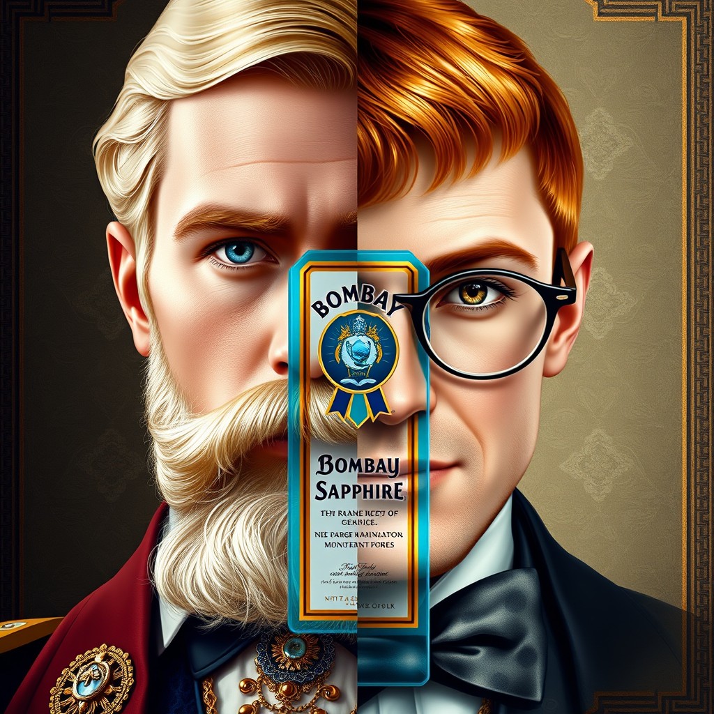 A refined half-face portrait inspired by the labels of Bombay Sapphire gin, merging two personas into one majestic image