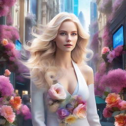 Photorealistic image of a stunning blonde woman with flowy hair in luxurious attire, located in a futuristic city scape adorned with an abundance of vibrant flowers.