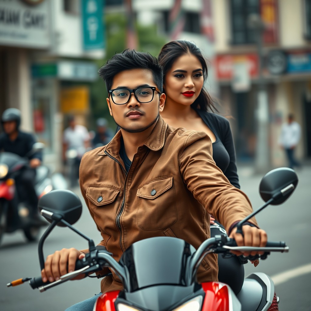 A young Indonesian man in a fashionable brown jacket riding a sleek motorbike with confidence