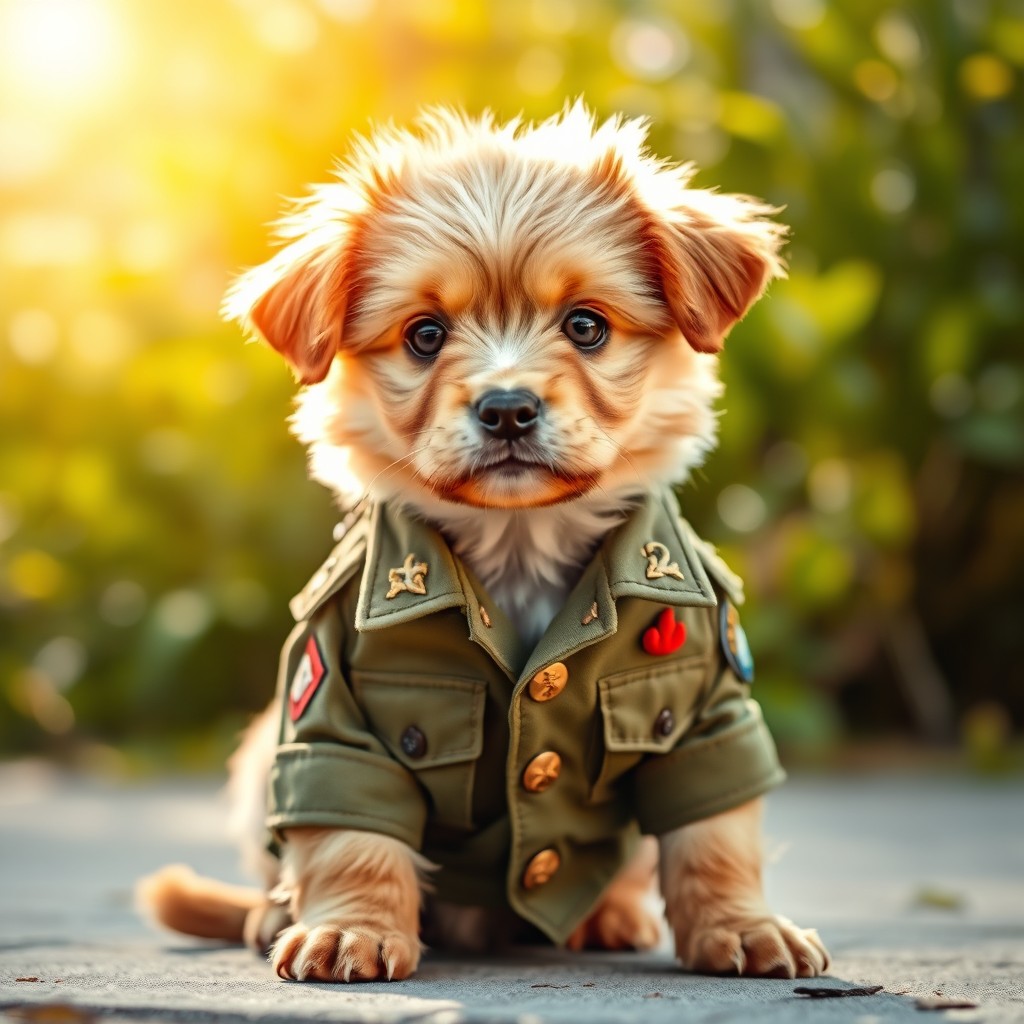 A cute puppy dressed in a stylish military uniform, showcasing various intricate details of the uniform like patches, buttons, and insignias