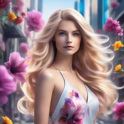 Photorealistic image of a stunning blonde woman with flowy hair in luxurious attire, located in a futuristic city scape adorned with an abundance of vibrant flowers.