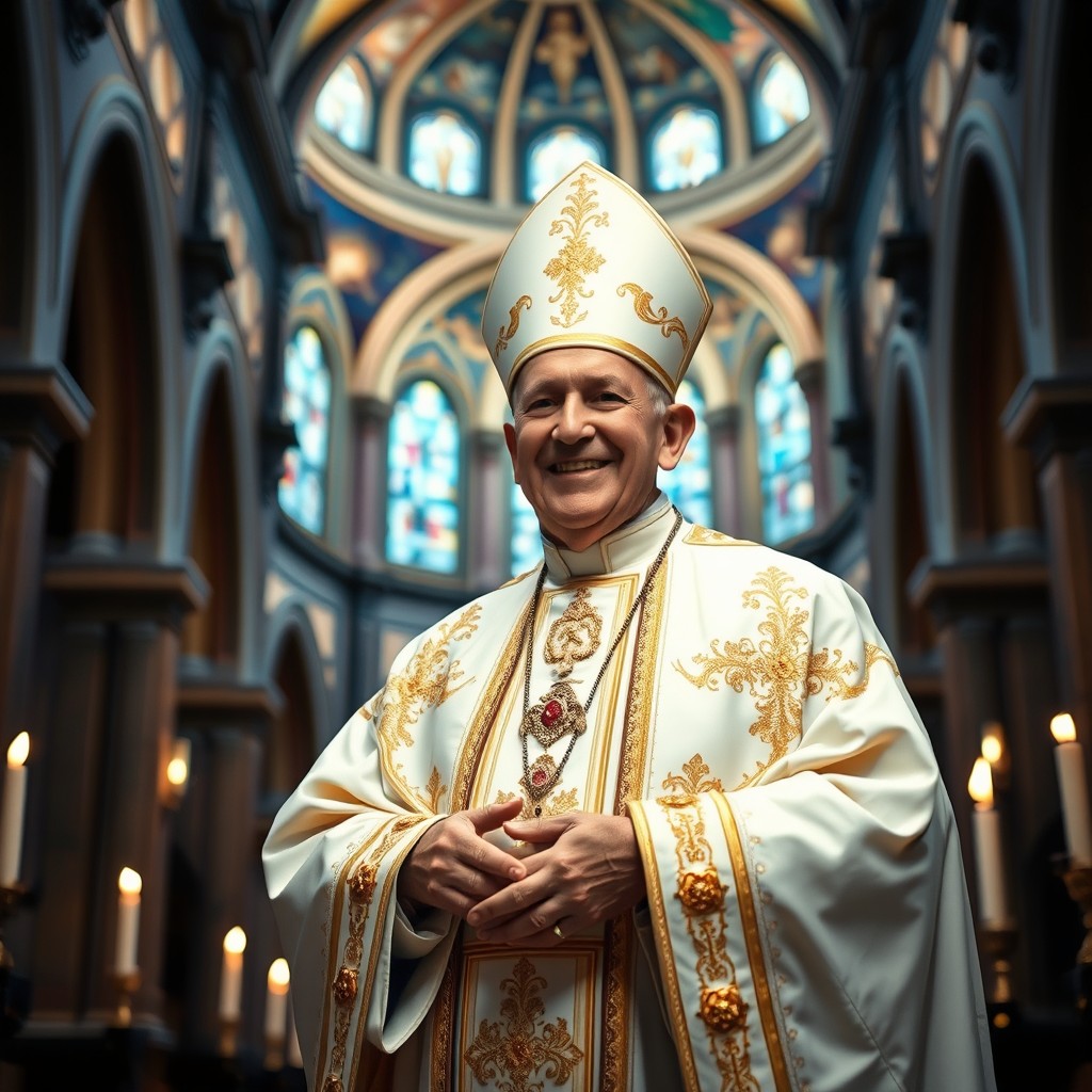 A captivating and uplifting portrait of a figure resembling the Pope, depicted in ceremonial white and gold papal attire with a mitre and ornate vestments, standing graciously in a grand basilica adorned with intricate murals and stained glass