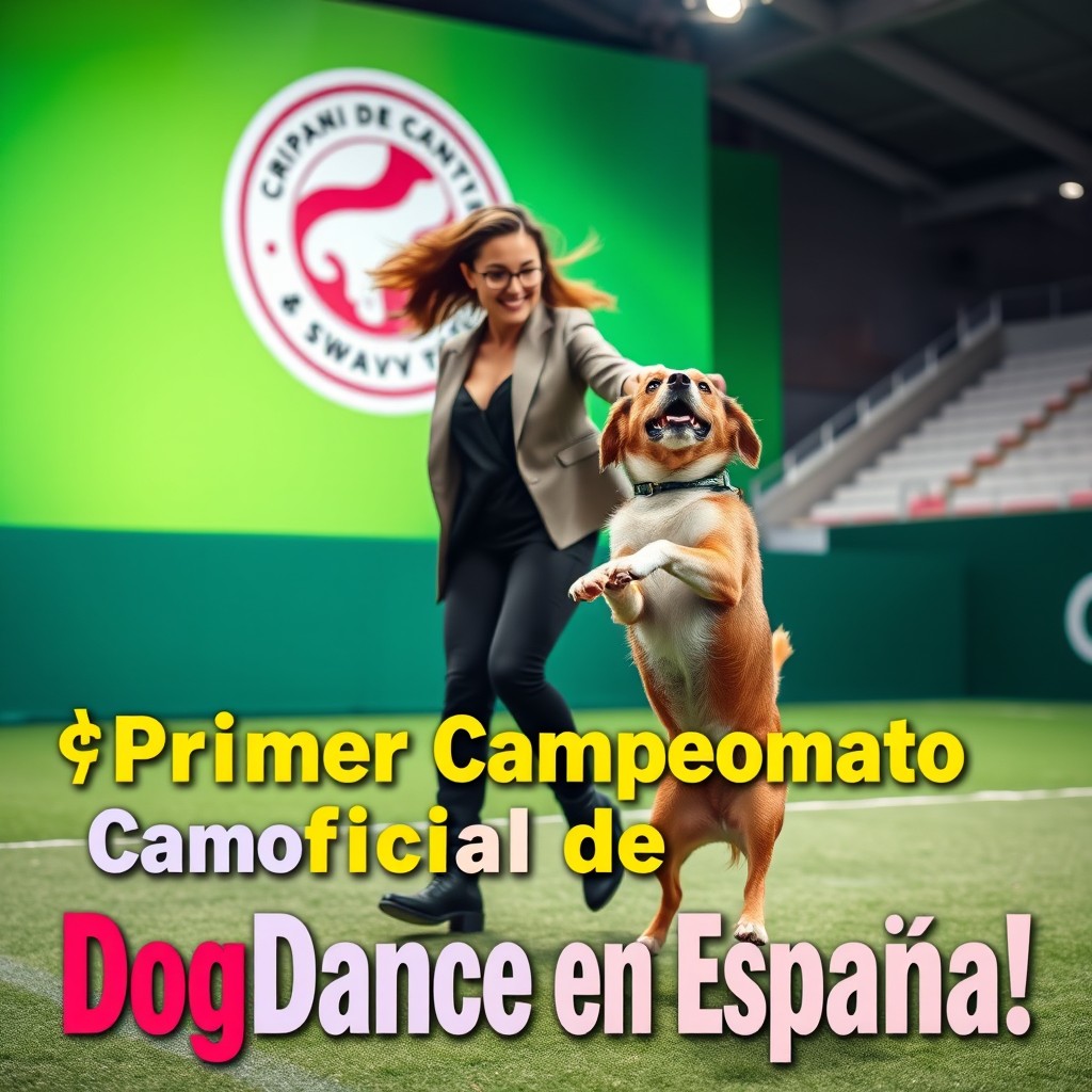 A vibrant YouTube thumbnail design in a 16:9 aspect ratio featuring a dynamic scene of a woman in a stylish outfit dancing with a playful dog in a sports arena