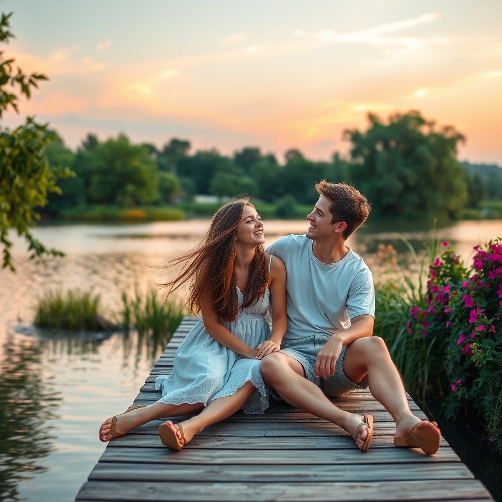 A young couple sitting closely together on a pier, enjoying each other's company in a beautiful landscape