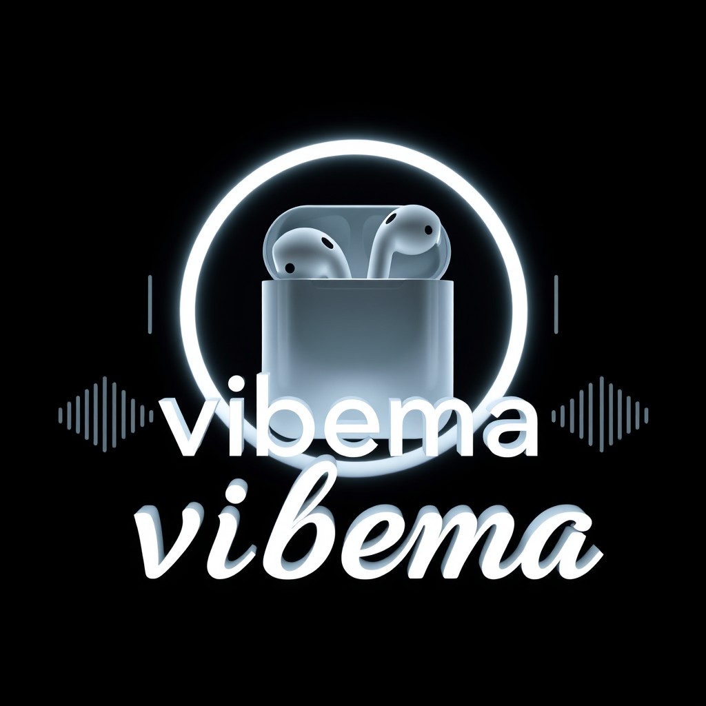 3D logo design featuring central Apple AirPods with a soft white glowing halo, creating a reflective night light effect