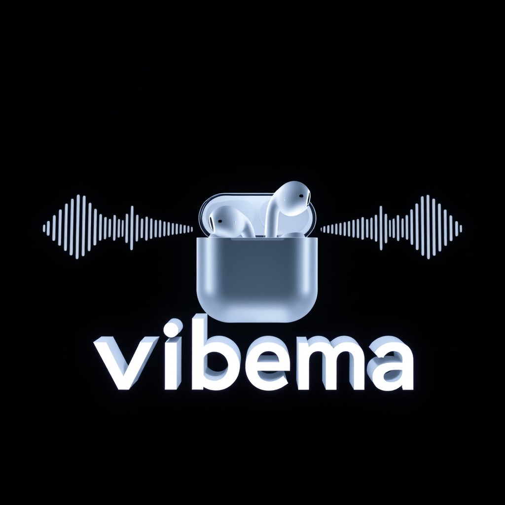 A 3D logo design featuring a central Apple AirPods set against a deep black background, illuminated by a soft white glowing halo, creating a reflective night light effect