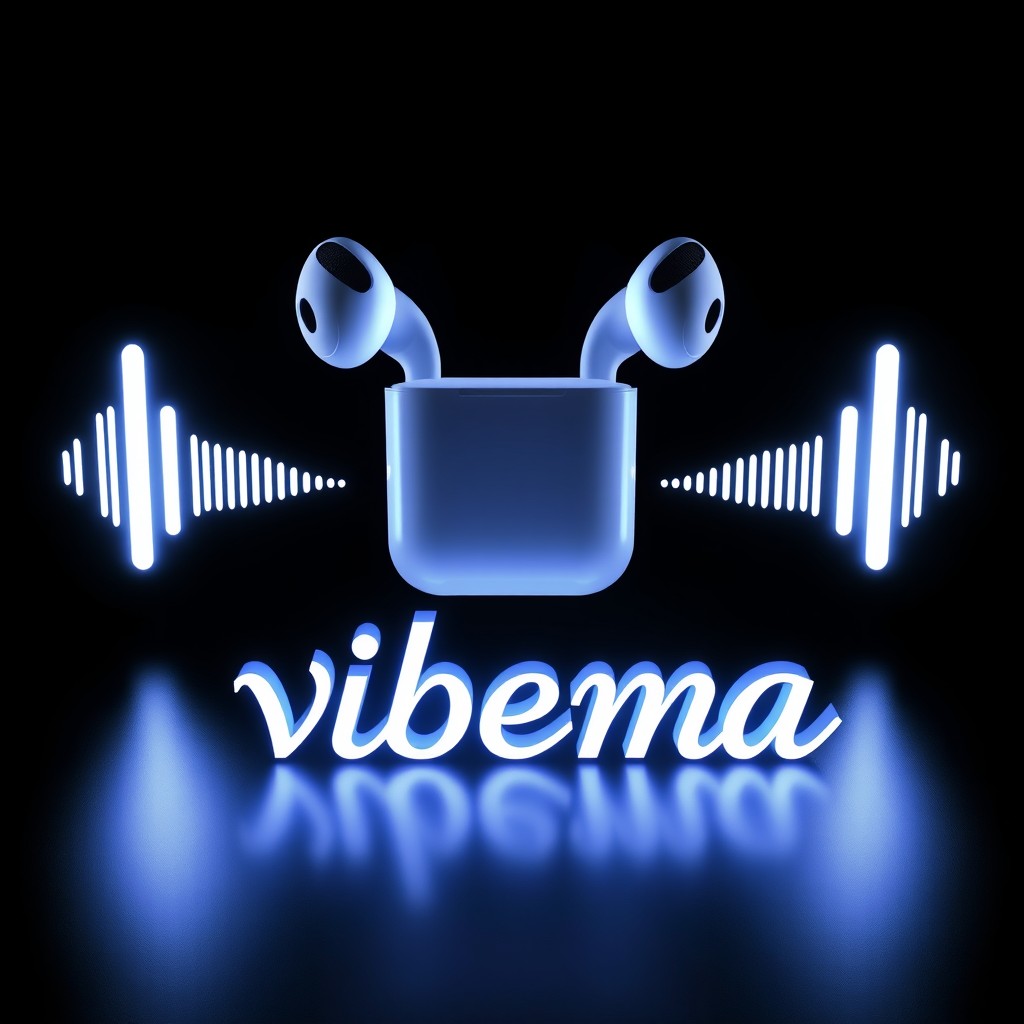 A 3D logo design featuring a central pair of Apple AirPods set against a sleek black background