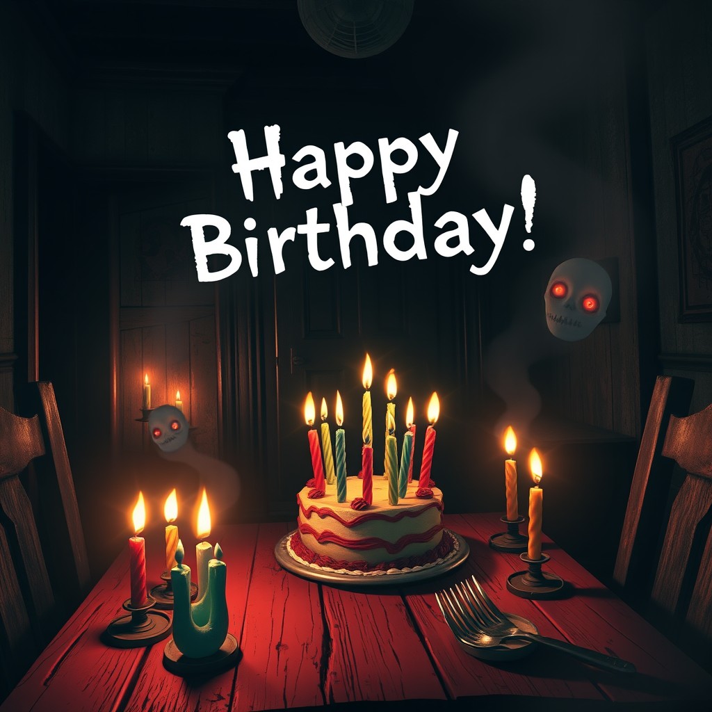 A birthday greeting themed around the horror game 'Pacify', featuring dark, eerie settings with ghostly figures and atmospheric lighting