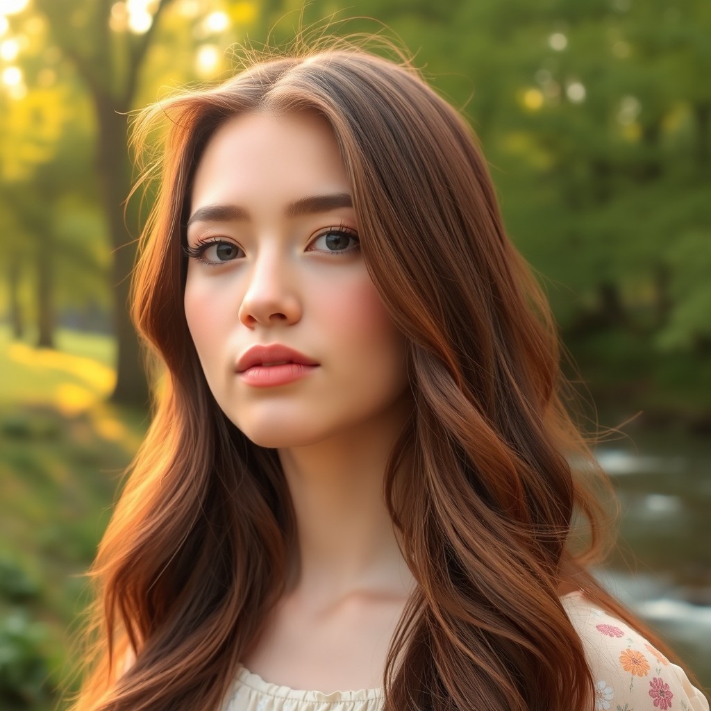 A beautiful young woman with a dreamy expression, showcasing soft facial features and delicate lines