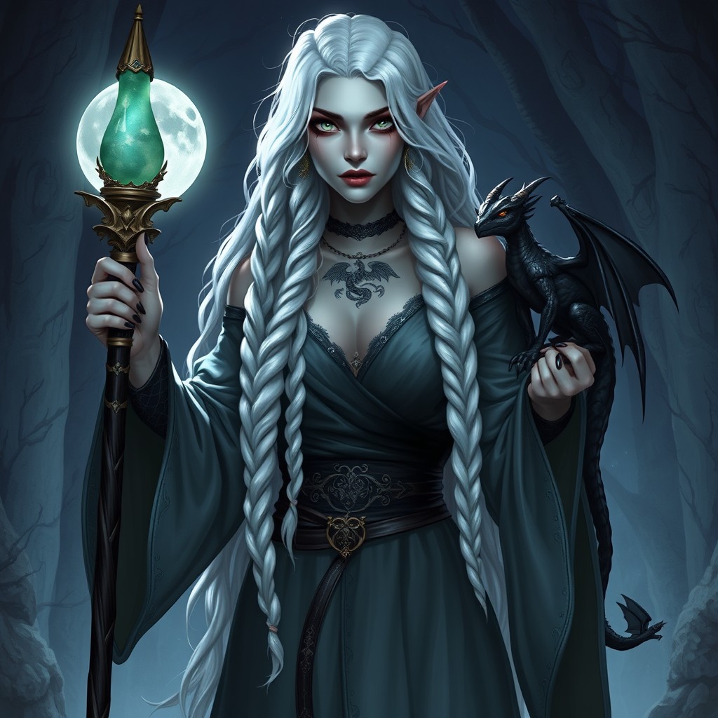 A tall, strong female drow with long, intricately braided white hair and striking silver eyes