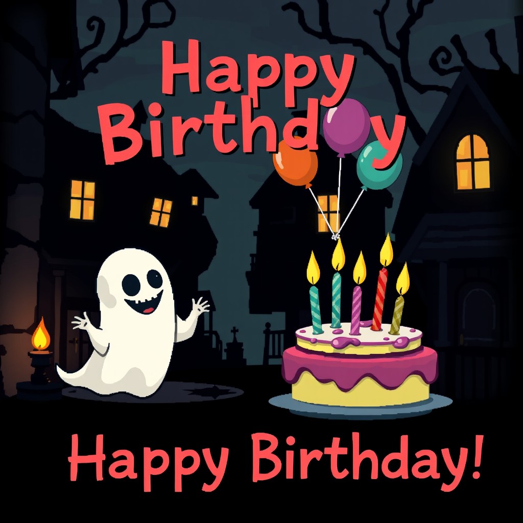 A birthday greeting designed in the style of the video game Pacify, featuring a spooky yet playful atmosphere